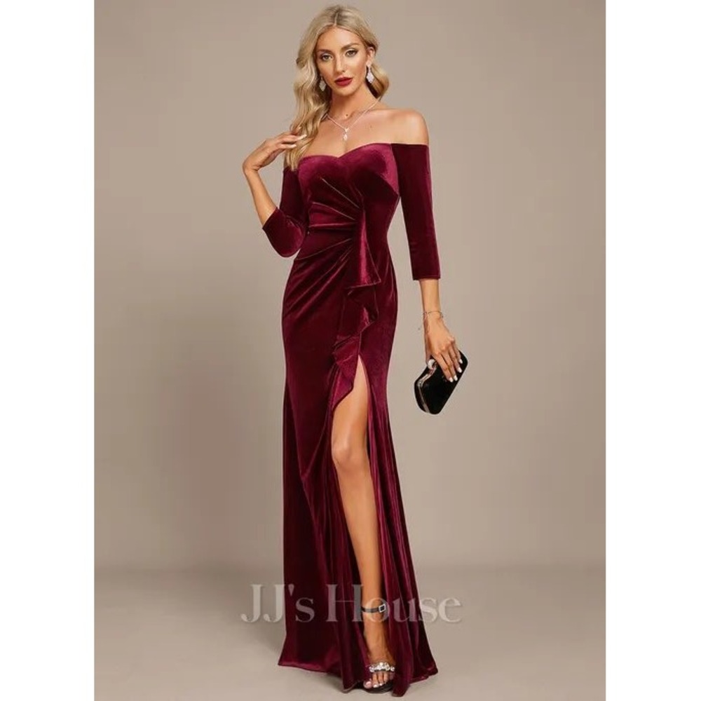 JJs House Off-Shoulder Velvet Maxi Gown in Burgundy Wine